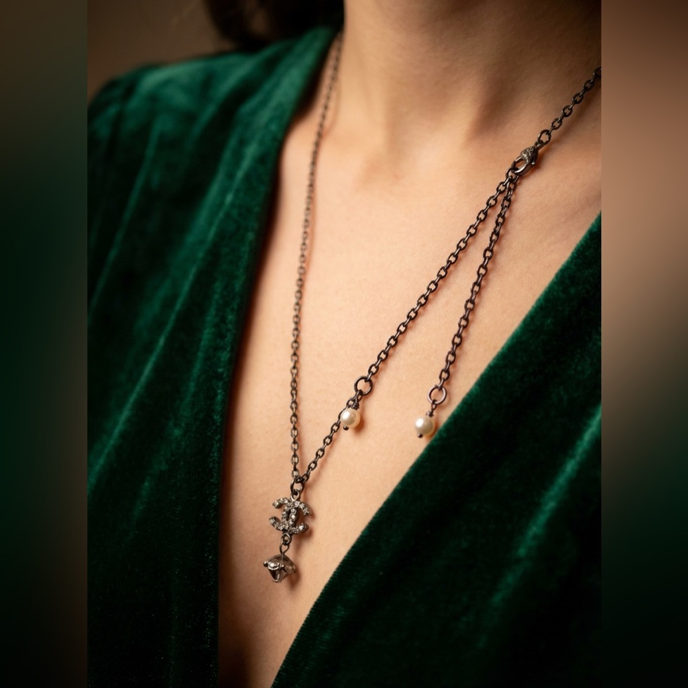 Chanel C19B Gunmetal Elegant Necklace with Crystal Pendant